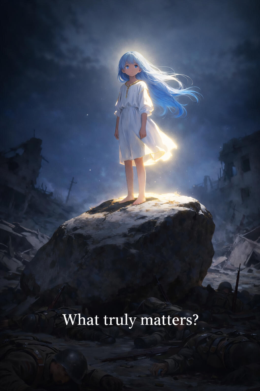 楼月堂イメージ画像。荒廃した戦場にた立ち、戦争の破壊力、悲しさを見つめる少女。 楼月堂 - 言葉で心を癒す詩と幻想音楽の公式ロゴ。癒しの詩と音楽のサイト。最近の戦争のニュースから、心を癒す音楽で平和へのメッセージを伝えます。