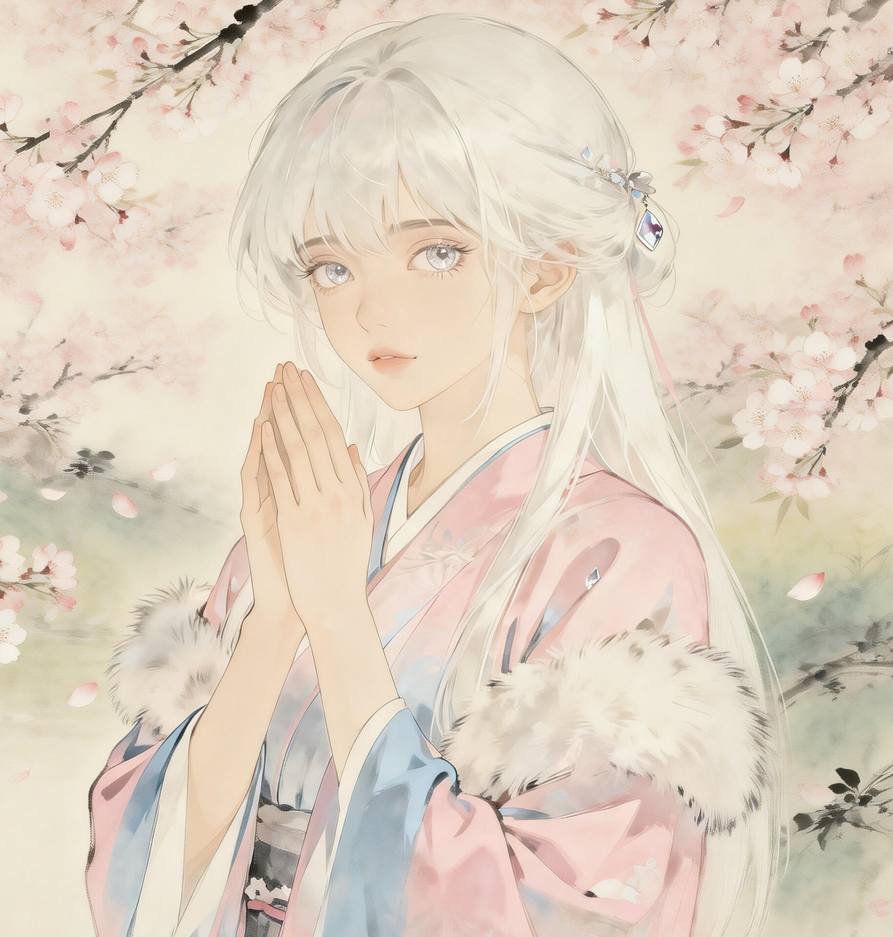 楼月堂イメージ画像、桜の中でこちらを見て穏やかにほほ笑む着物の女性。 楼月堂 - 言葉で心を癒す詩と幻想音楽の公式ロゴ。癒しの詩と音楽のサイト