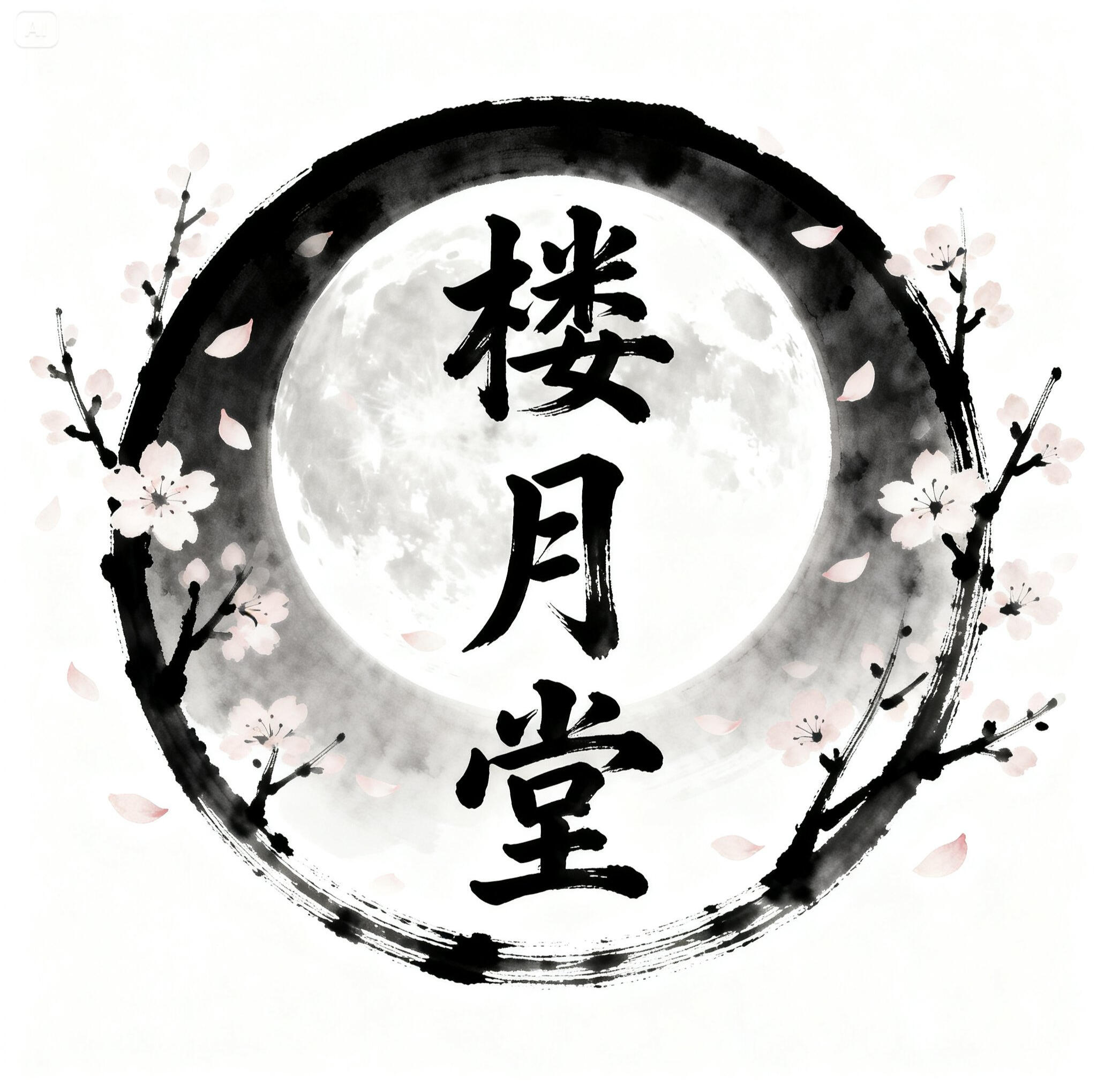 楼月堂ロゴ、月と桜 楼月堂 - 言葉で心を癒す詩と幻想音楽の公式ロゴ。癒しの詩と音楽のサイト